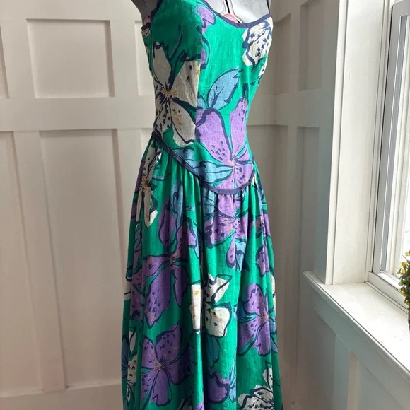 Vintage Linen/Cotton Green & Purple Floral Women's Dress Size Medium - Picture 3 of 11